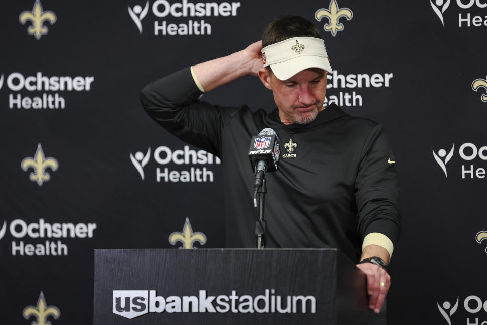 New Orleans Saints head coach Dennis Allen answers questions during a news conference after an NFL football game against the Minnesota Vikings, Sunday, Nov. 12, 2023, in St. Paul, Minn. (AP Photo/Matt Krohn)