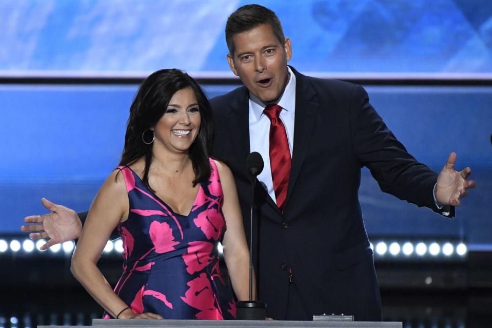 Former U.S. Rep. Sean Duffy (R-WI) and Rachel Duffy speak during the 2016 Republican National Convention at Quicken Loans Arena.