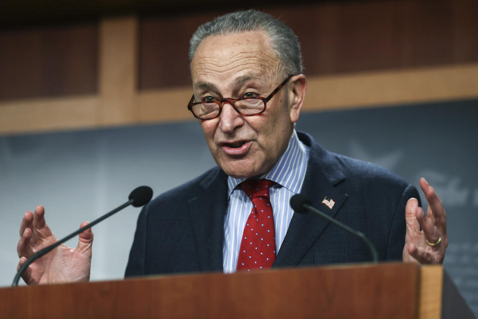 Senate Majority Leader Chuck Schumer of New York, holds a news conference, Thursday, March 25, 2021 on Capitol Hill in Washington. (Jonathan Ernst/Pool via AP)