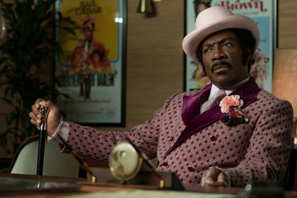 This image released by Netflix shows Eddie Murphy in a scene from "Dolemite Is My Name."  Netflix garnered the most NAACP Image Award nominations with 42 including for Ava Duvernay’s limited series “Whey They See Us” and the Eddie Murphy-led film “Dolemite is My Name.” (François Duhamel/Netflix via AP)