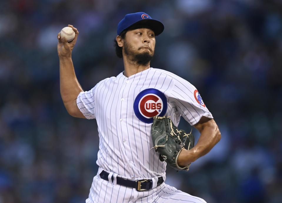 Chicago Cubs starter Yu Darvish delivers a pitch during the first inning of the team's baseball game against the San Francisco Giants on Wednesday, Aug 21, 2019, in Chicago. (AP Photo/Paul Beaty)