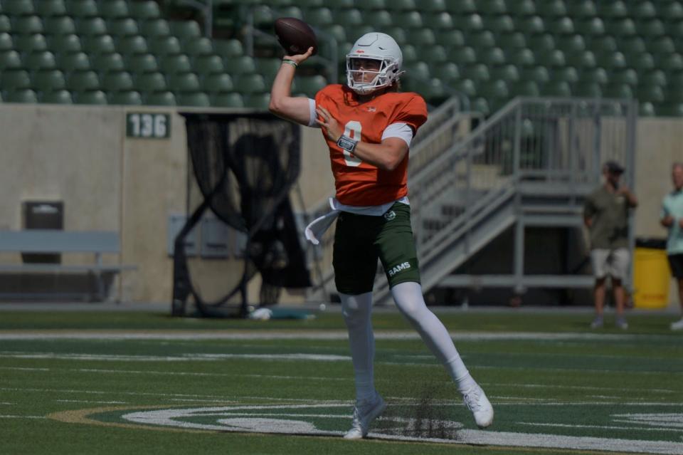 Colorado State football player Jackson Brousseau throws a pass during an exhibition game on Wednesday, August 7, 2024.