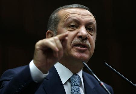 Turkey's Prime Minister Tayyip Erdogan addresses members of parliament from his ruling AK Party (AKP) during a meeting at the Turkish parliament in Ankara February 25, 2014. REUTERS/Umit Bektas