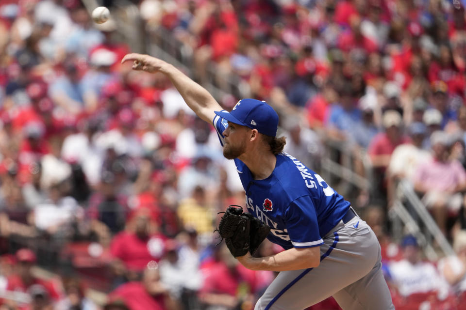 Kansas City Royals starting pitcher Josh Staumont throws during the first inning of a baseball game against the St. Louis Cardinals Monday, May 29, 2023, in St. Louis. (AP Photo/Jeff Roberson)