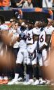 <p>Denver Broncos strong safety T.J. Ward (43) holds his hand up in the air during the national anthem before their game against the Cincinnati Bengals September 25, 2016 at Paul Brown Stadium. (Photo By John Leyba/The Denver Post via Getty Images) </p>