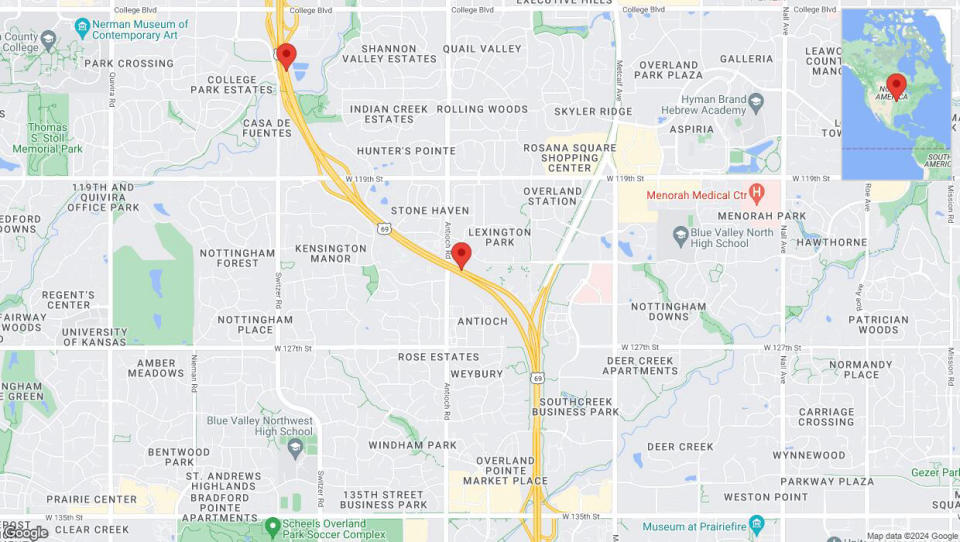 A detailed map that shows the affected road due to 'Lane on US-69 closed in Overland Park' on July 15th at 5:21 p.m.