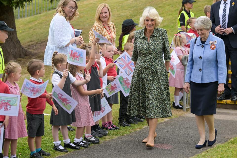 Camilla, Duchess of Cornwall arrives at Millbrook Primary School on July 06, 2022 in Newport, Wales