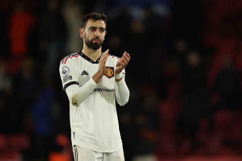 LONDON, ENGLAND - JANUARY 18: Bruno Fernandes of Manchester United at full time of the Premier League match between Crystal Palace and Manchester United at Selhurst Park on January 18, 2023 in London, United Kingdom. (Photo by Matthew Ashton - AMA/Getty Images)