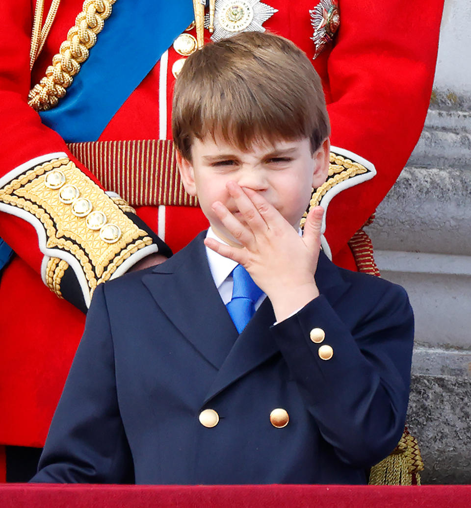 LONDON, UNITED KINGDOM - JUNE 15: (EMBARGOED FOR PUBLICATION IN UK NEWSPAPERS UNTIL 24 HOURS AFTER CREATE DATE AND TIME) Prince Louis of Wales watches an RAF flypast from the balcony of Buckingham Palace after attending Trooping the Colour on June 15, 2024 in London, England. Trooping the Colour, also known as The King's Birthday Parade, is a military ceremony to mark the official birthday of the British Sovereign. The ceremony takes place at Horse Guards Parade followed by a flypast over Buckingham Palace and was first performed in the mid-17th century during the reign of King Charles II. The parade features all seven regiments of the Household Division with Number 9 Company, Irish Guards being the regiment this year having their Colour Trooped. (Photo by Max Mumby/Indigo/Getty Images)
