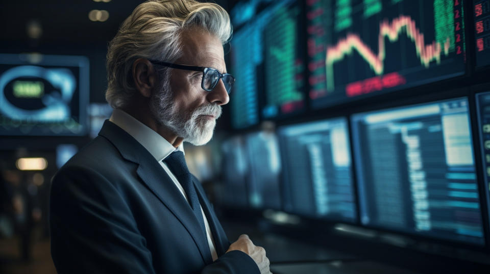 An experienced banker on the trading floor, monitoring financial markets in real time. 