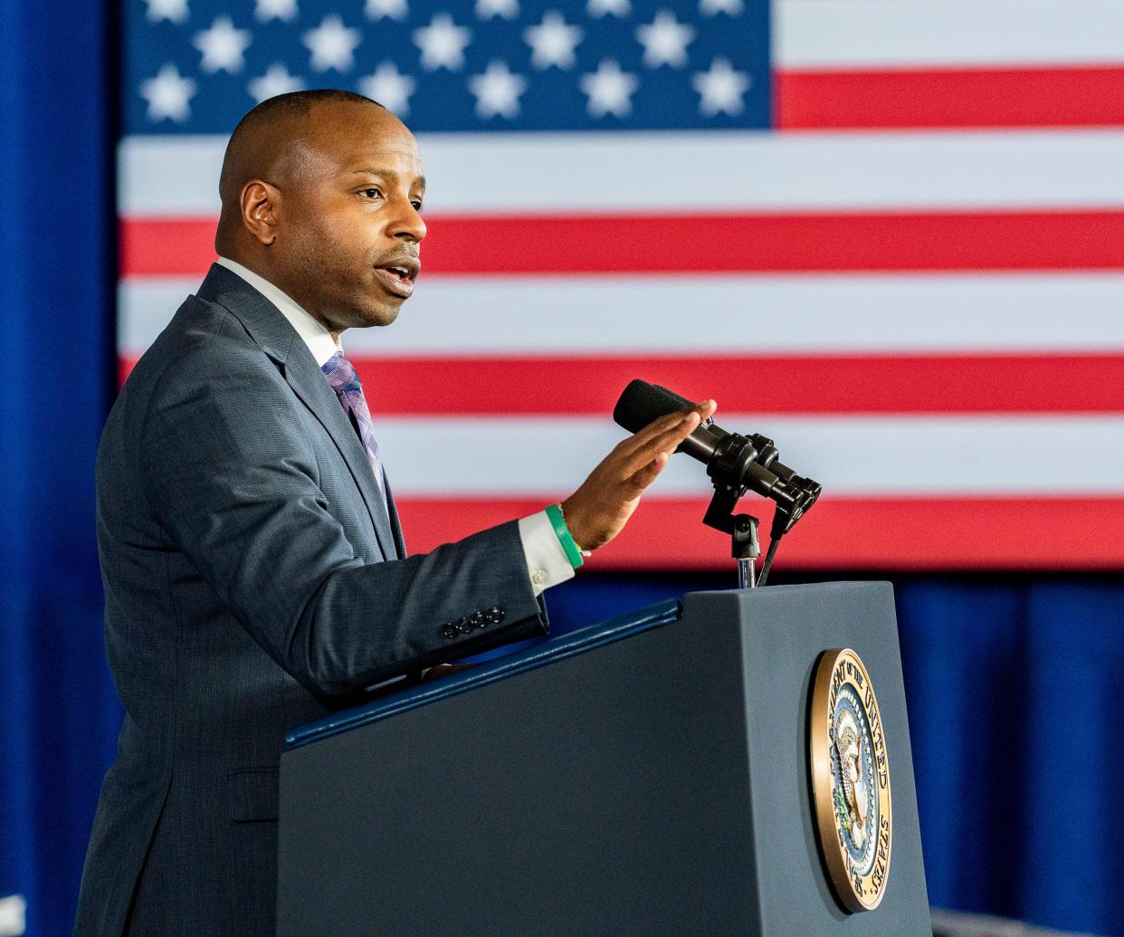 Mayor Cavalier Johnson makes remarks before President Joe Biden speaks on a $36.6 million federal investment in the Sixth Street corridor that will be used to convert the thoroughfare into a more pedestrian-friendly area on Wednesday, March 13, 2024, at the Pieper-Hillside Boys & Girls Club in Milwaukee.