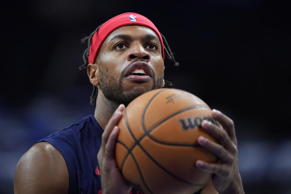 Philadelphia 76ers' Buddy Hield warms up before an NBA basketball game against the Atlanta Hawks, Friday, Feb. 9, 2024, in Philadelphia. (AP Photo/Matt Slocum)