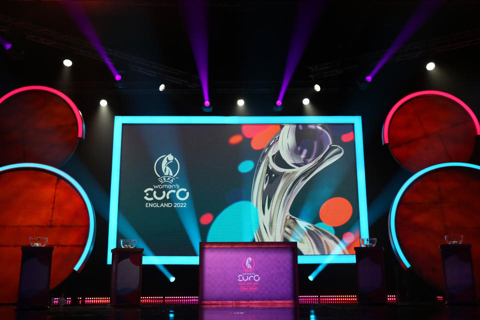 MANCHESTER, ENGLAND - OCTOBER 28:  The stage is seen ahead of the UEFA Women's EURO 2022 Final Draw Ceremony on October 28, 2021 in Manchester, England. (Photo by Alex Livesey - UEFA/UEFA via Getty Images)
