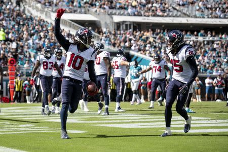 Oct 21, 2018; Jacksonville, FL, USA; Houston Texans wide receiver DeAndre Hopkins (10) reacts to his touchdown during the second quarter against the Jacksonville Jaguars at TIAA Bank Field. Mandatory Credit: Douglas DeFelice-USA TODAY Sports