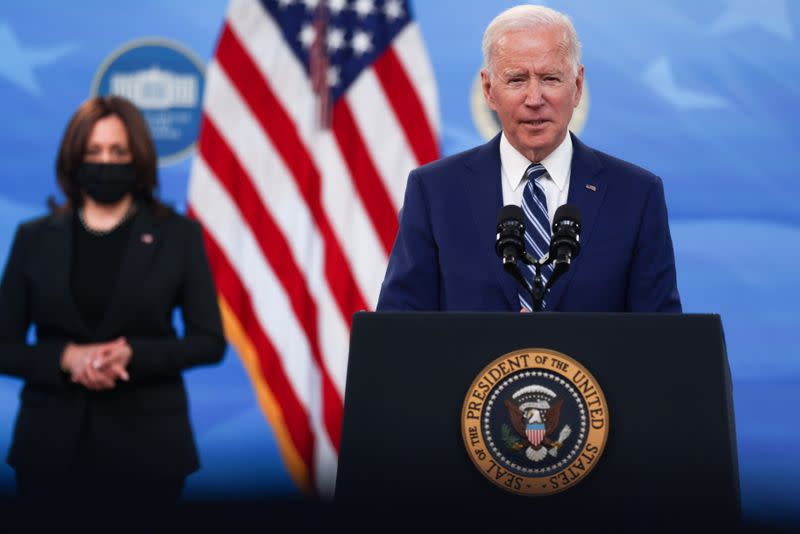 U.S. President Biden delivers remarks after a meeting with his COVID-19 Response Team at the White House campus in Washington