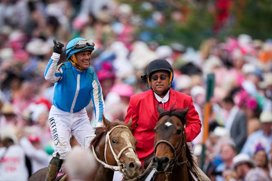 Javier Castellano, aboard Mage, celebrates after winning the 149th running of the Kentucky Derby at Churchill Downs Saturday, May 6, 2023, in Louisville, Ky. (For the Herald Leader / Bryan Woolston) Bryan Woolston/AP