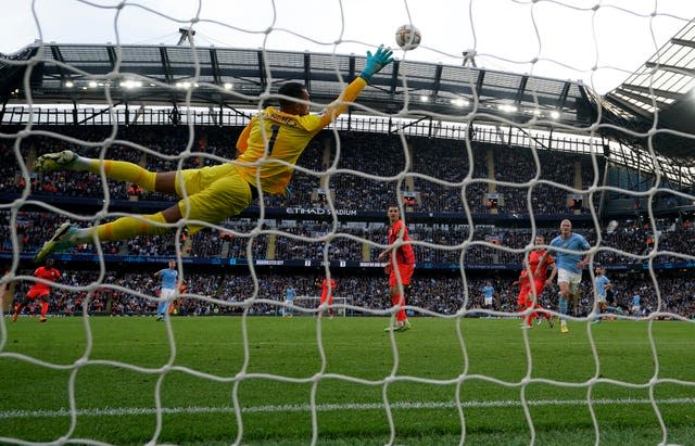 Brighton goalkeeper Robert Sanchez is beaten by Manchester City’s Kevin De Bruyne