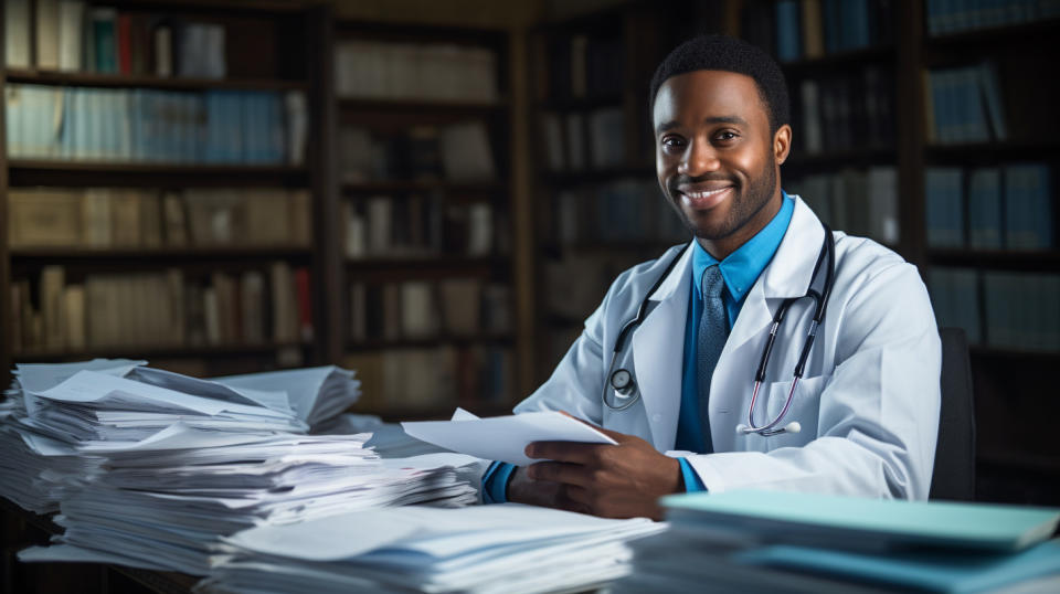 A smiling health worker surrounded by medical papers.