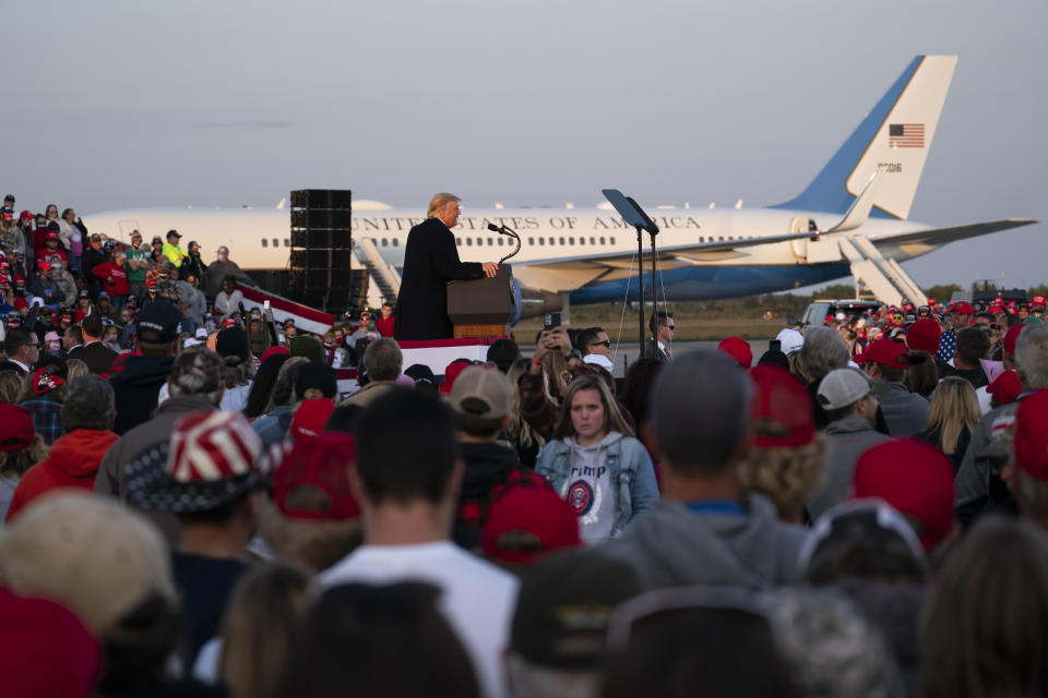 President Donald Trump speaks during a campaign rally at Bemidji Regional Airport, Friday, Sept. 18, 2020, in Bemidji, Minn. (AP Photo/Evan Vucci)