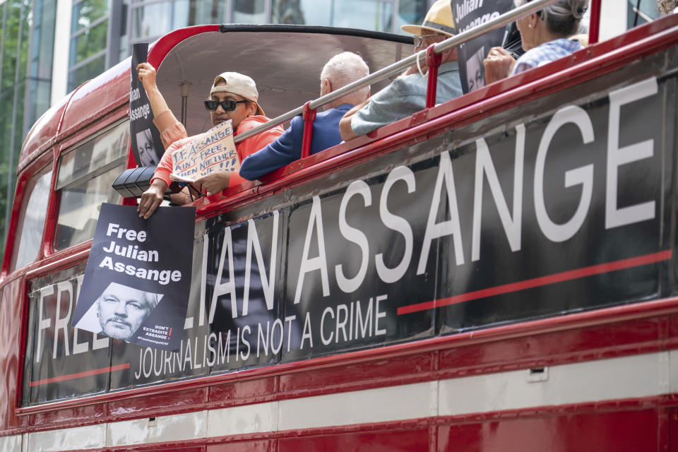 Supporters of Wikileaks founder Julian Assange protest outside the Home Office in London, Friday July 1, 2022, to call for his release from prison and to mark his 51st birthday on Saturday. WikiLeaks founder Julian Assange has appealed against the British’s government decision last month to order his extradition to the U.S. The appeal was filed Friday July 1, 2022 at the High Court. It's the latest twist in a decade-long legal saga sparked by his website’s publication of classified U.S. documents. (Dominic Lipinski/PA via AP)