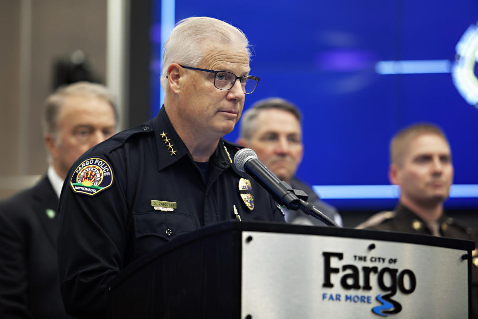 Fargo Police Chief Dave Zibolski pauses during a news conference regarding Friday's shooting, in Fargo, N.D., Saturday, July 15, 2023. Zibolski said the gunman opened fire on police and firefighters “for no known reason” as they responded to a traffic crash in North Dakota, killing one officer and wounding two others before another officer killed him. (AP Photo/Ann Arbor Miller)