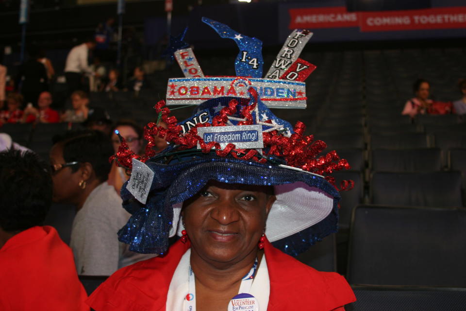 Lavon Bracy, a delegate from Orlando, Fla. wears an intricate hat representing her state on the floor of the Democratic National Convention on Thursday Sept. 6, 2012. (Torrey AndersonSchoepe/Yahoo! News)