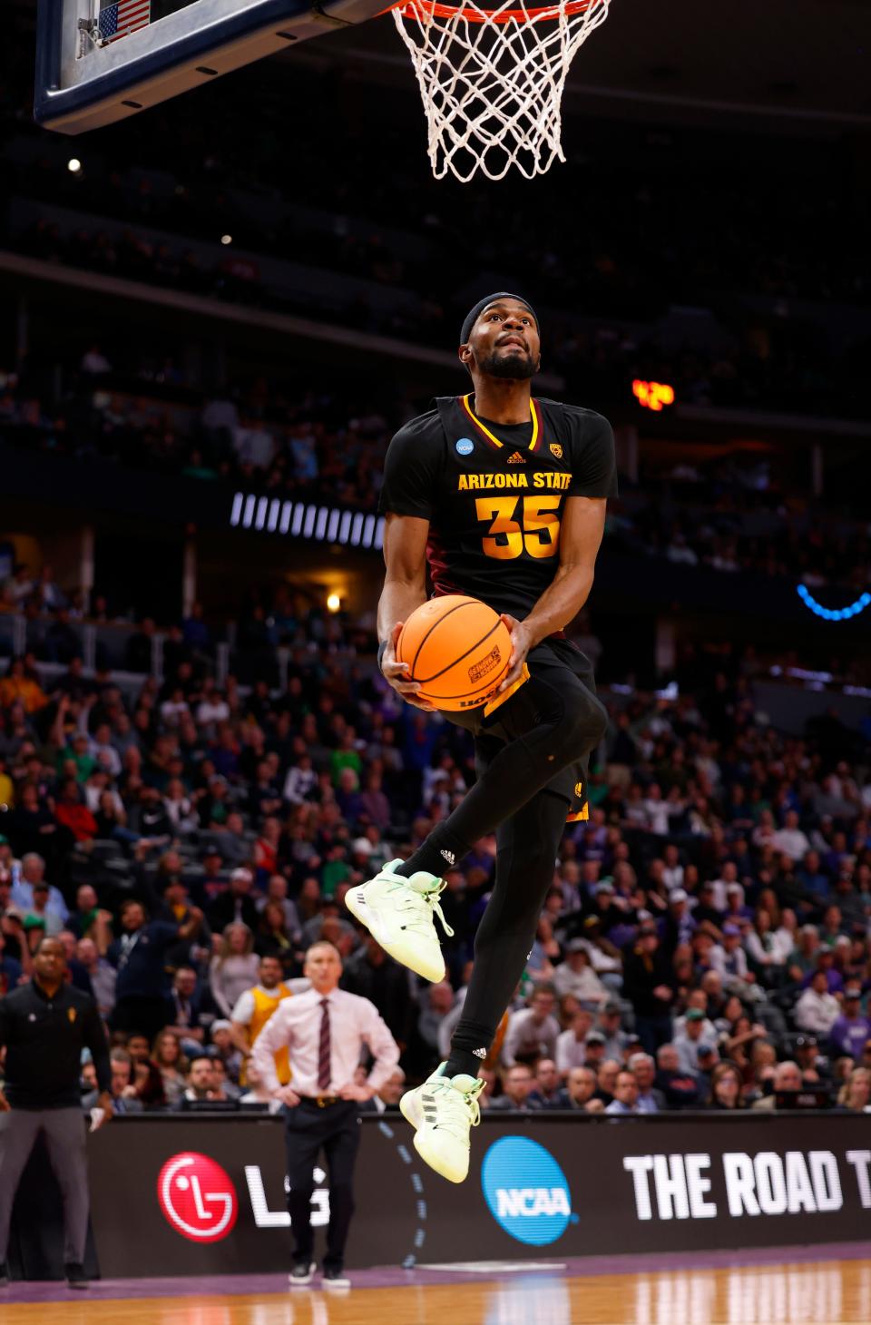 Arizona State guard Devan Cambridge (35) goes in for a dunk during an NCAA Tournament game in March against TCU. Cambridge, who averaged 9.8 points and 5.4 rebounds per game last season, announced Saturday he will transfer to Texas Tech.