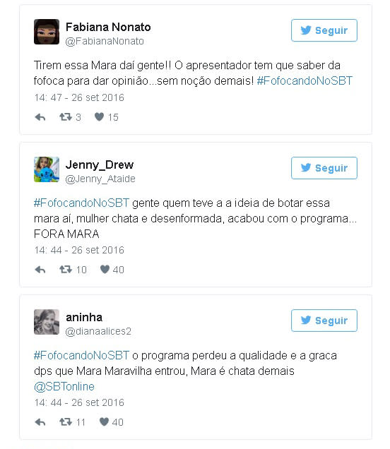 Durante o período de exibição, o “Fofocando” ficou entre os assuntos mais comentados do Twitter. Porém, a maioria dos posts criticava a postura da nova apresentadora da atração. “Mara é chata e sem noção”, opinou um dos internautas.(Foto: Reprodução/Twitter)