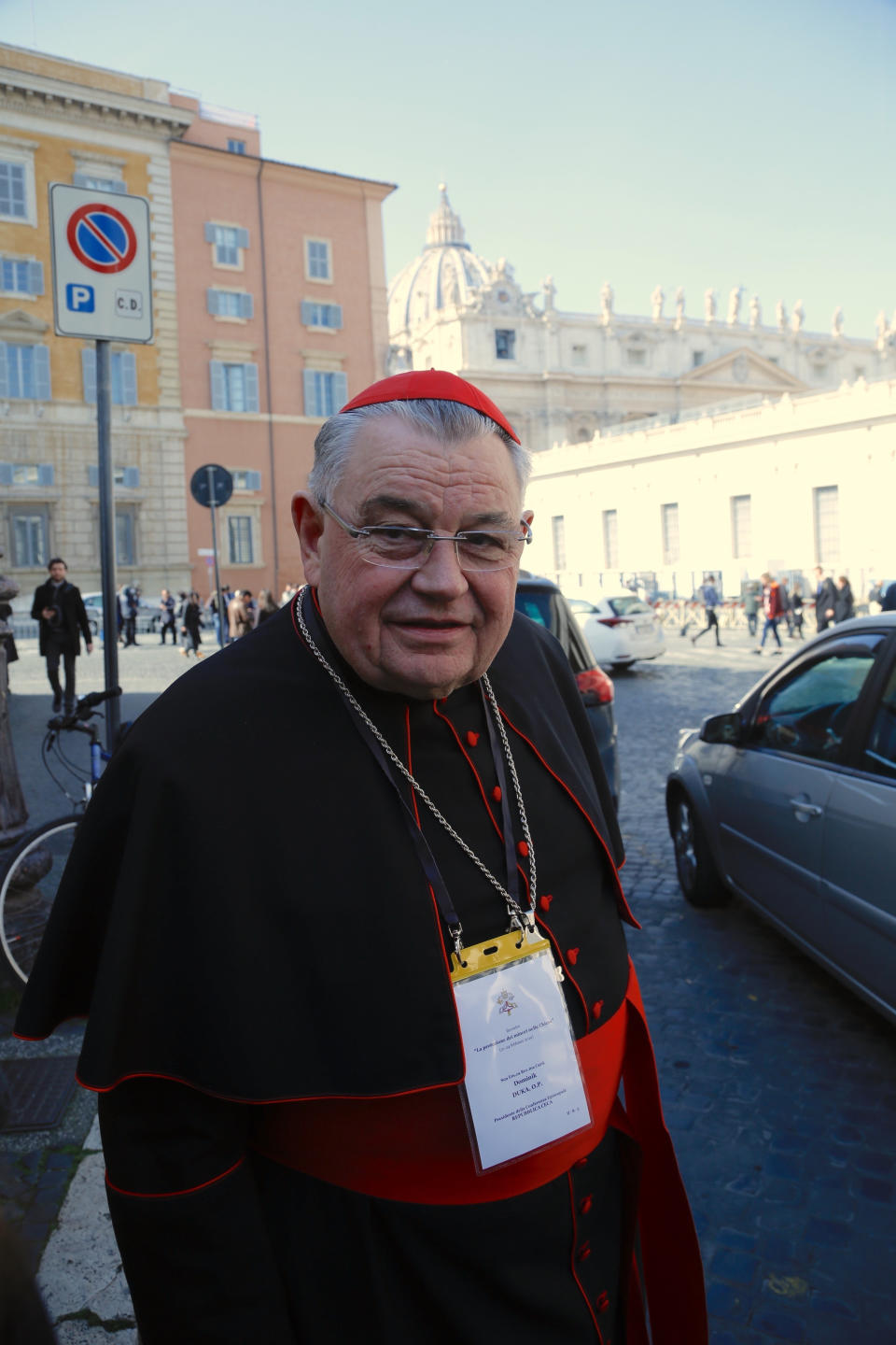 Czech Cardinal Dominik Duka leaves, Thursday, Feb. 21, 2019, at the end of the opening session of a four-day sex abuse summit called by Pope Francis at the Vatican. The gathering of church leaders from around the globe is taking place amid intense scrutiny of the Catholic Church's record after new allegations of abuse and cover-up last year sparked a credibility crisis for the hierarchy. (AP Photo/Domenico Stinellis)