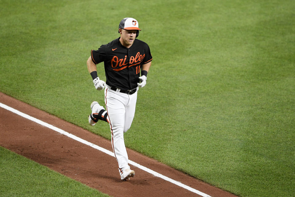 Baltimore Orioles' Pat Valaika jogs home after he hit a home run during the fifth inning of the team's baseball game against the Washington Nationals, Friday, July 23, 2021, in Baltimore. (AP Photo/Nick Wass)