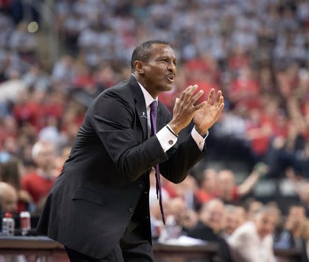 May 21, 2016; Toronto, Ontario, CAN; Toronto Raptors head coach Dwane Casey reacts to a call on the court during the second quarter in game three of the Eastern conference finals of the NBA Playoffs against the Cleveland Cavaliers at Air Canada Centre. Mandatory Credit: Nick Turchiaro-USA TODAY Sports