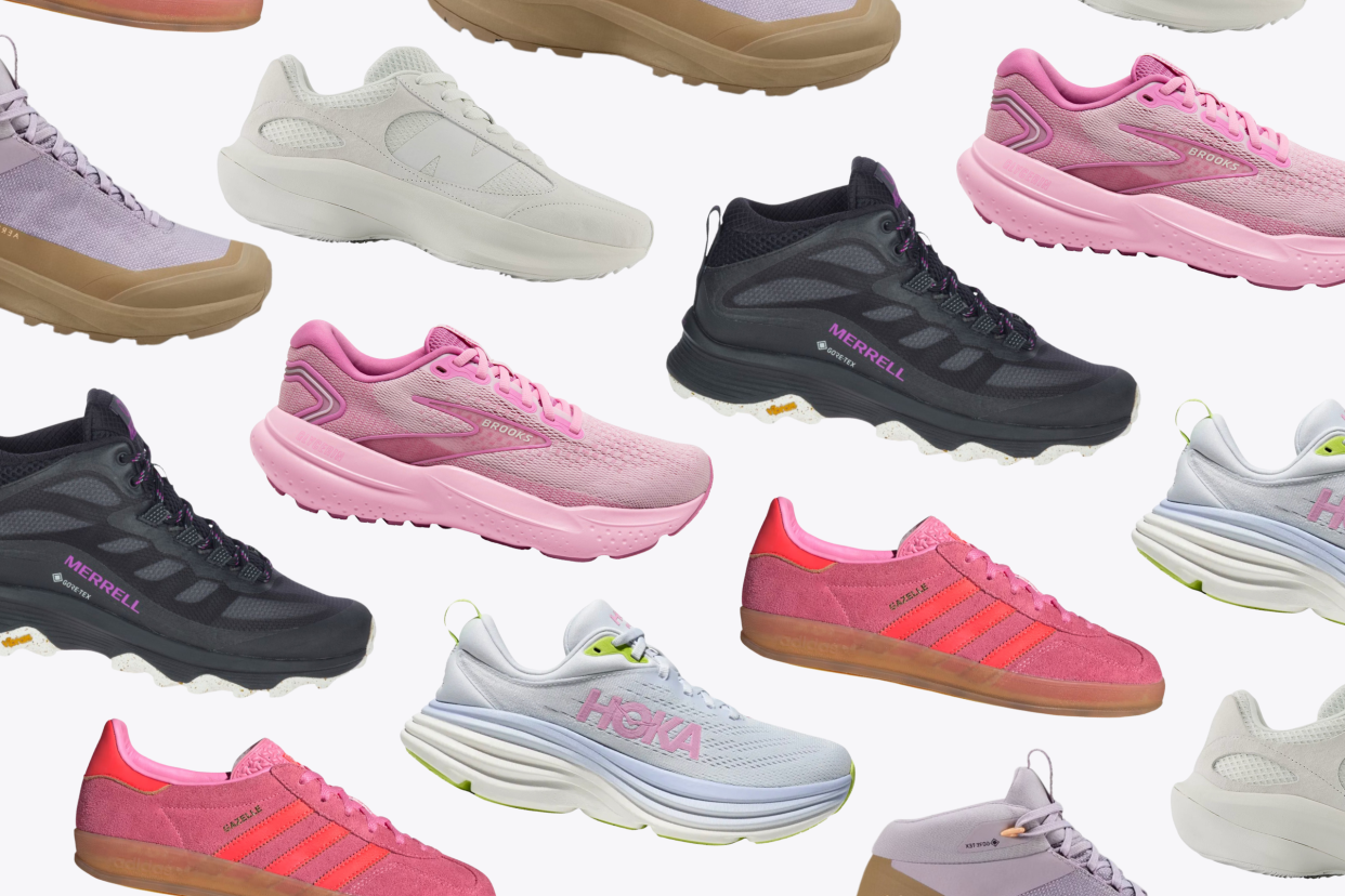 collage of pink brooks running shoes, adidas pink gazelle shoes, Arc'Teryx purple hiking boots, black merrell hiking boots, white hoka sneakers, white new balance sneakers