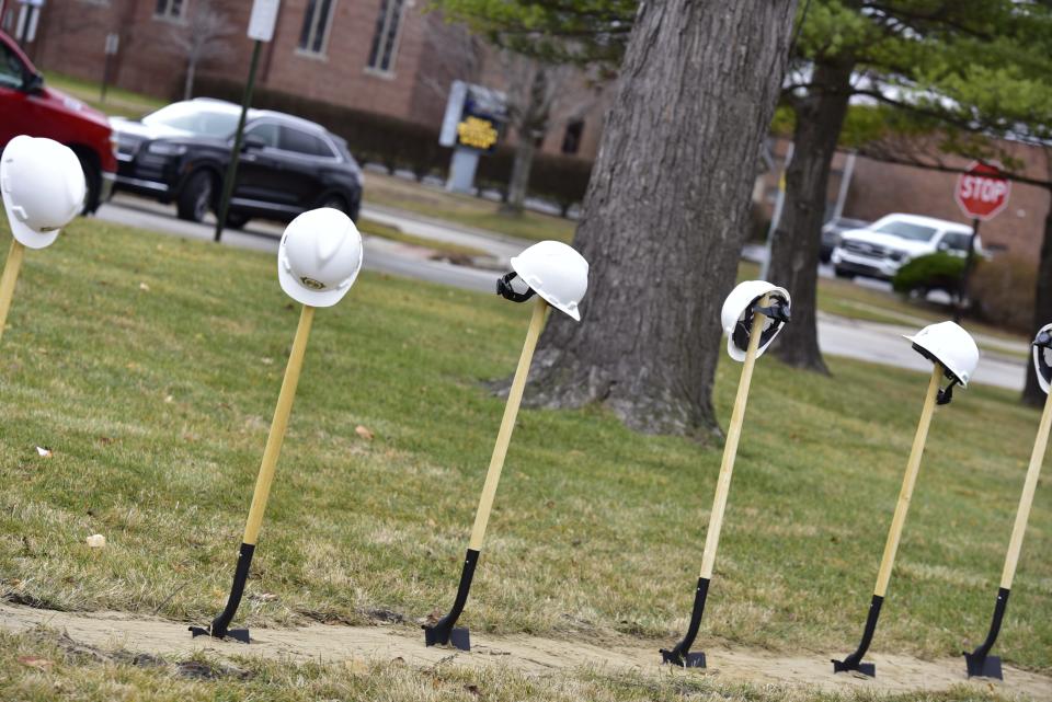 Hard hats rest atop shovels prior to the groundbreaking ceremony at the future site of the new Port Huron Fire Department Central Station at the 1400 block of 10th St., in Port Huron, on Thursday, Dec. 8, 2022.