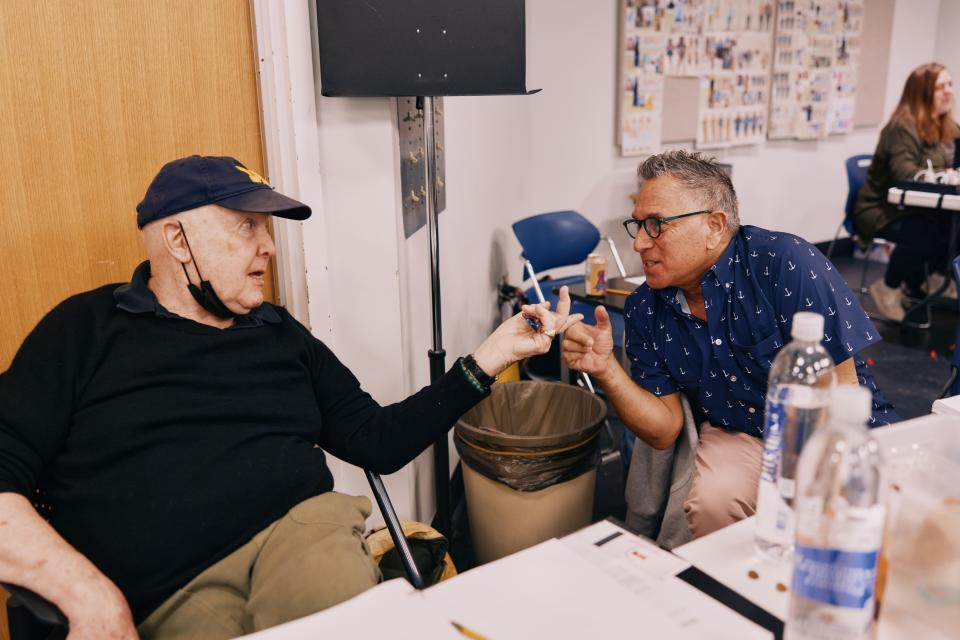 Jack O’Brien, left, and Robert Horn during a rehearsal for “Shucked,” which ran at the Pioneer Memorial Theatre in Salt Lake City through Nov. 12.