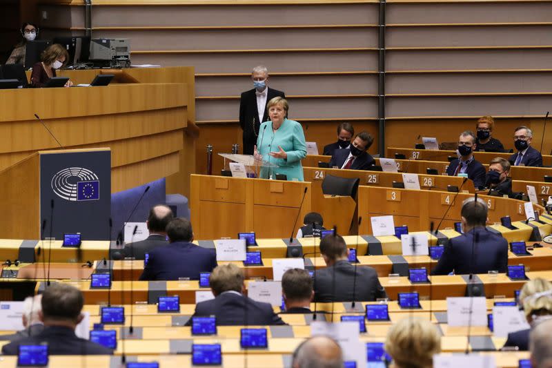 German Chancellor Angela Merkel attends a plenary session at the European Parliament in Brussels