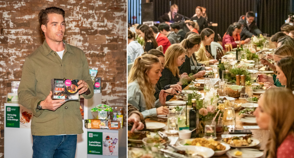 Aussie chef Hayden Quinn (left) and diners at the Woolworths Table dinner (right).