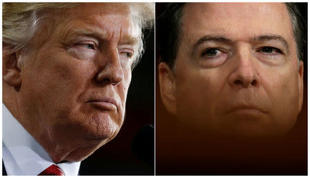 U.S. President Donald Trump (L) speaks in Ypilanti Township, Michigan March 15, 2017 and FBI Director James Comey testifies before a Senate Judiciary Committee hearing in Washington, D.C., May 3, 2017 in a combination of file photos. REUTERS/Jonathan Ernst/Kevin Lamarque/File Photos