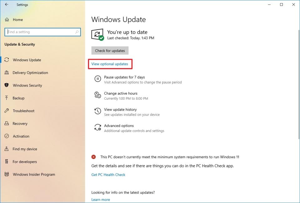 Windows 10 Optional Updates Option