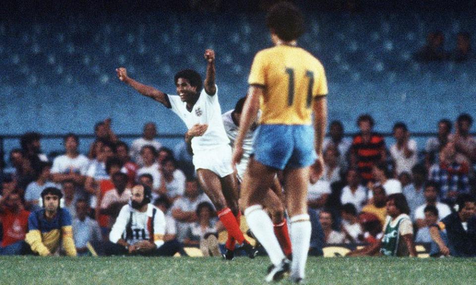 England’s John Barnes celebrates after scoring his spectacular goal against Brazil in 1984.