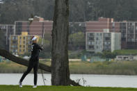 Lexi Thompson, of the United States, watches her shot from the 12th fairway at the International Crown match play golf tournament in San Francisco, Thursday, May 4, 2023. (AP Photo/Jeff Chiu)