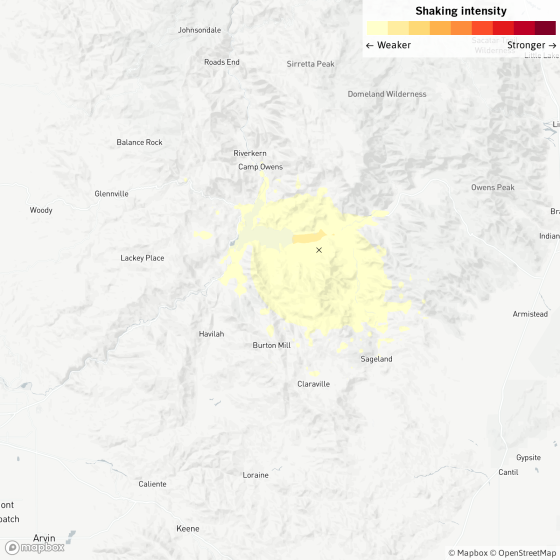 A map shows the approximate epicenter of a recent earthquake near Bakersfield.