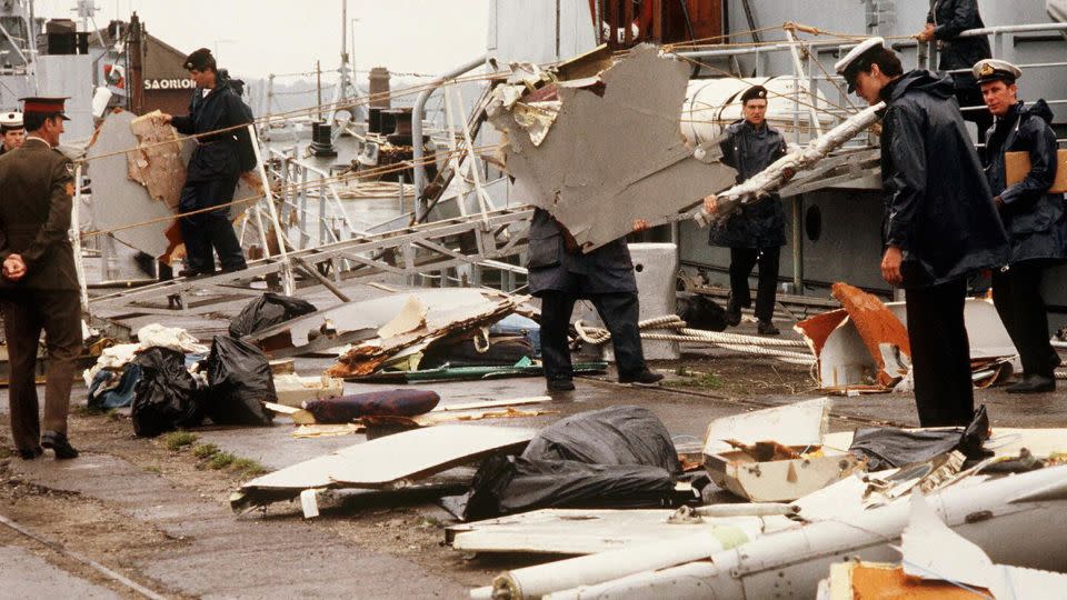 Irish naval authorities bring ashore debris from an Air India Boeing 747 in Cork, Ireland, following the bombing  of the aircraft on June 23, 1985.  - Andre Durand/AFP/Getty Images/File