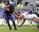 Trevone Boykin #2 of the TCU Horned Frogs is chased down by Jake McDonough #94 during the Big 12 Conference game against the Iowa State Cyclones on October 6, 2012 at Amon G. Carter Stadium in Fort Worth, Texas. (Photo by Cooper Neill/Getty Images)