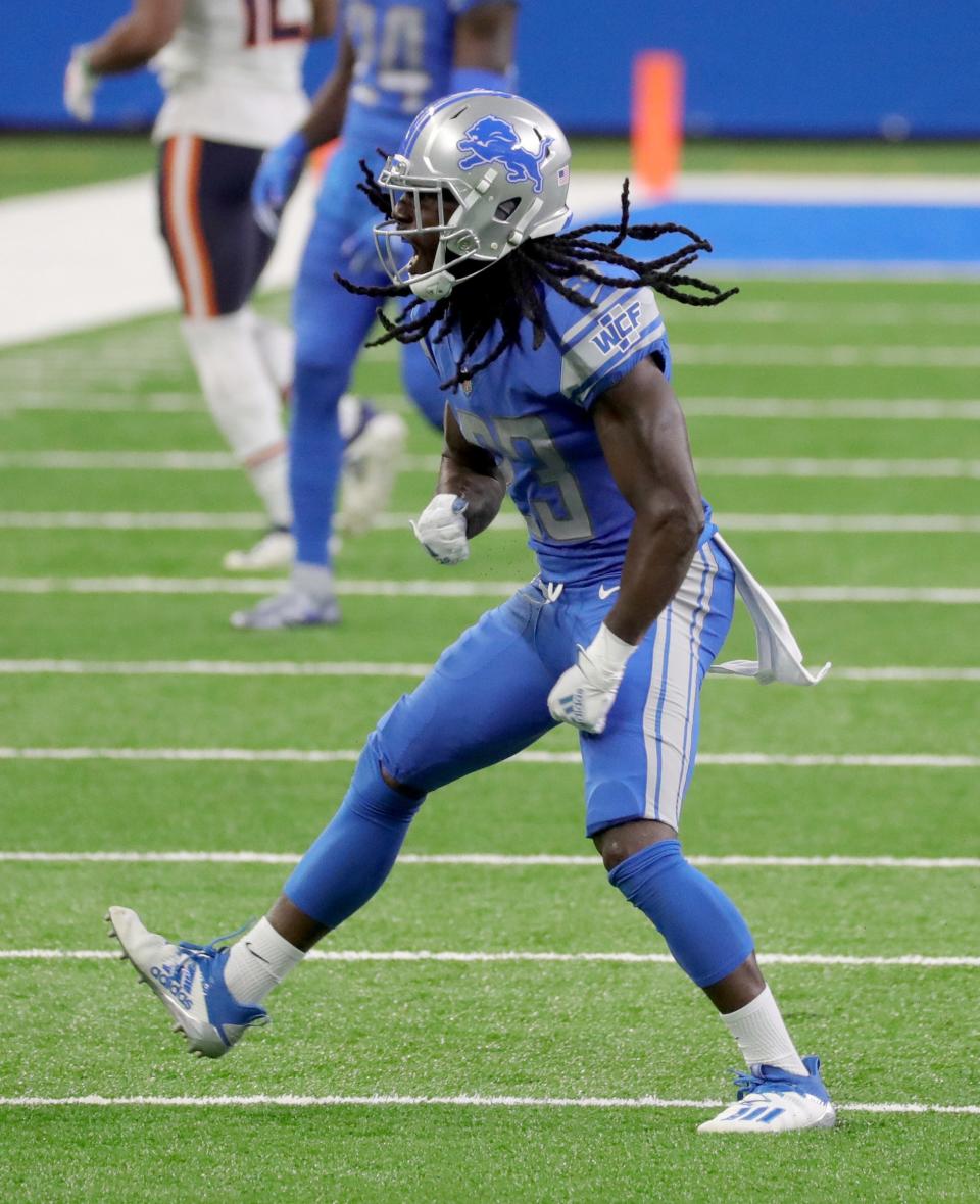 Detroit Lions cornerback Desmond Trufant celebrates his tackle vs. the Chicago Bears during the third quarter at Ford Field, Sunday, Sept. 13, 2020.