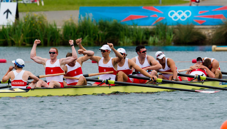 Canada's men's eight rowing team members Gabriel Bergen, right to left, Douglas Csima, Rob Gibson, Conlin McCabe, Malcolm Howard, Andrew Byrnes, Jeremiah Brown, Will Crothers, and cox Brian Price win silver at Eton Dorney during the 2012 Summer Olympics in Dorney, England on Wednesday, August 1, 2012. THE CANADIAN PRESS/Sean Kilpatrick