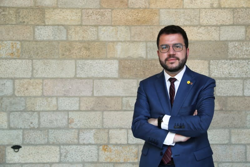 Catalonia's regional head of government Pere Aragones poses during an interview at Palau de la Generalitat in Barcelona