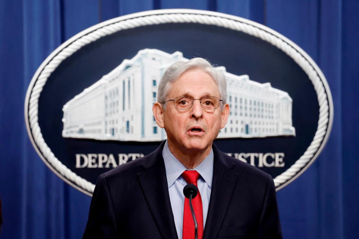 PHOTO: U.S. Attorney General Merrick Garland speaks during a news conference at the Department of Justice Building, March 21, 2024, in Washington. (Anna Moneymaker/Getty Images)