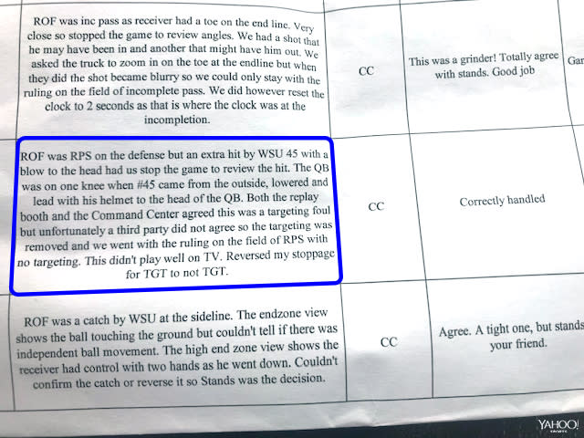 The highlighted section of the referee’s USC-WSU game report shows the play in question. (Special to Yahoo Sports)