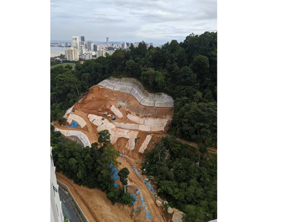 An aerial view of the hill cutting at Mount Erskine. — Picture courtesy of Sahabat Alam Malaysia