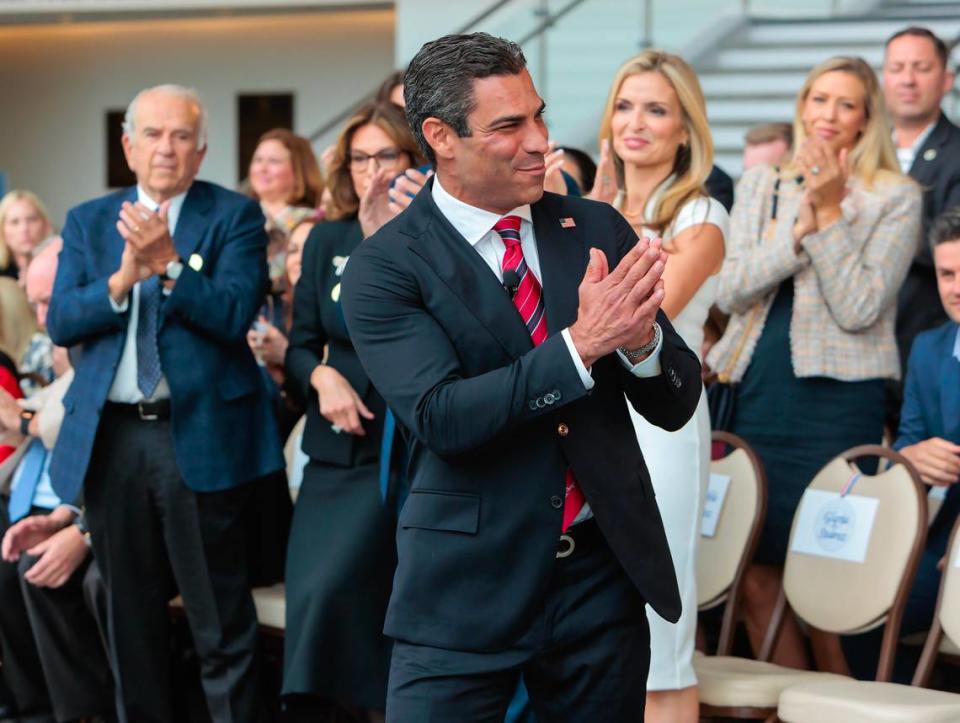 Miami Mayor Francis Suarez salutes the crowd before his first speech as a candidate for the 2024 Republican presidential nomination at the Ronald Reagan Presidential Library in Simi Valley, California on Thursday, June 15, 2023.